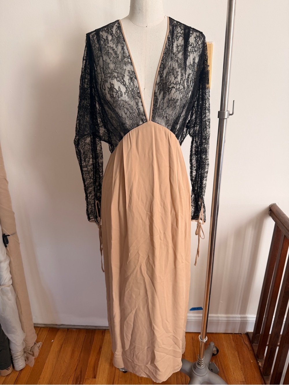 Archive Kiki de Montparnasse Black Lace & Beige Maxi Dress with Deep V